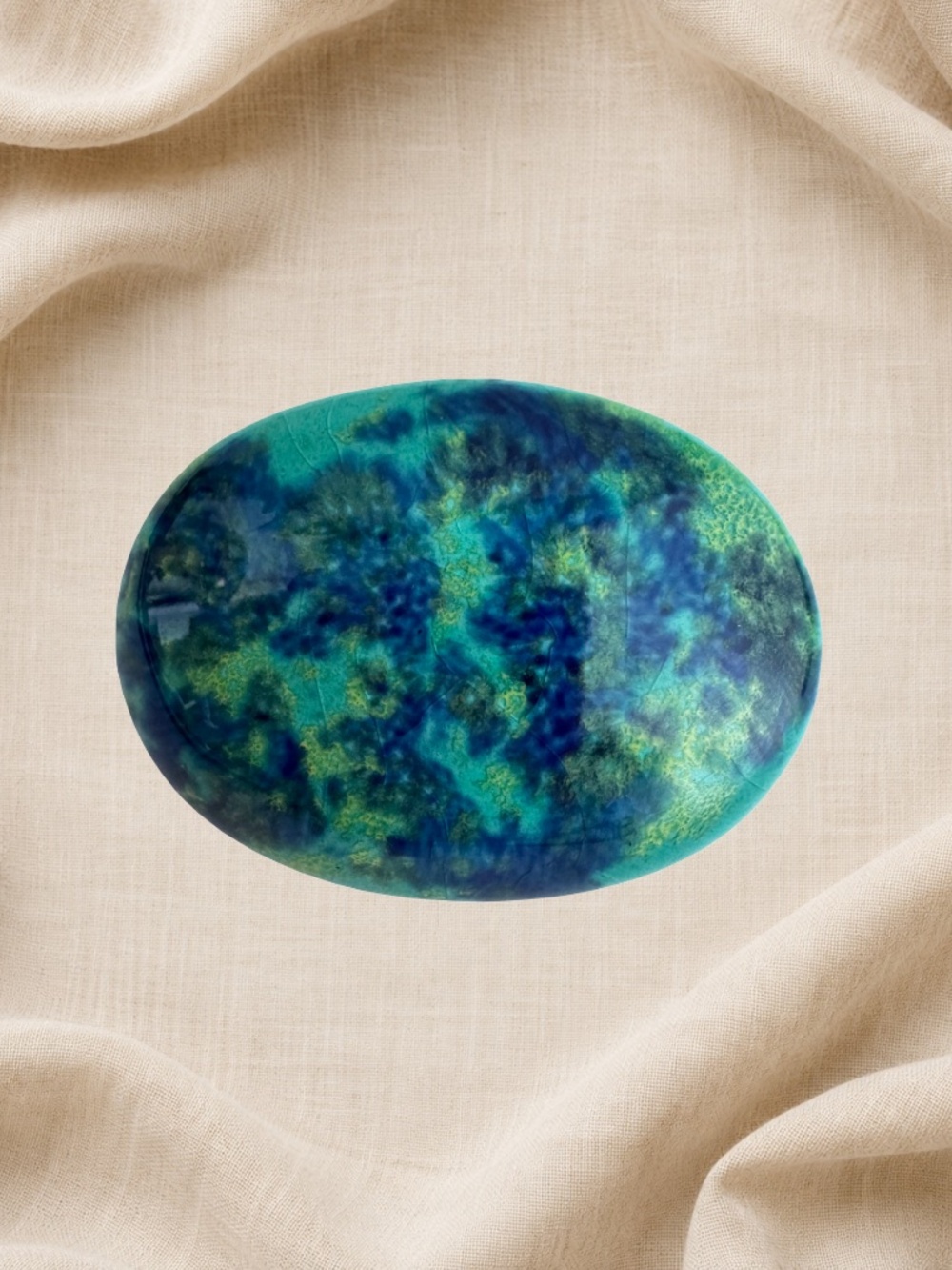 Japanes Kutani Ware Brooch Turquoise Blue Oval Ceramic Pin Crazed Glaze Vintage